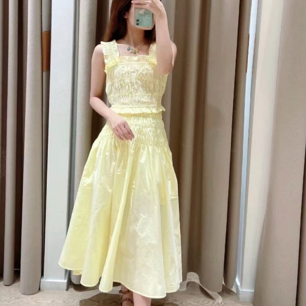 Maje Pale Yellow Smocked Midi Skirt and top set